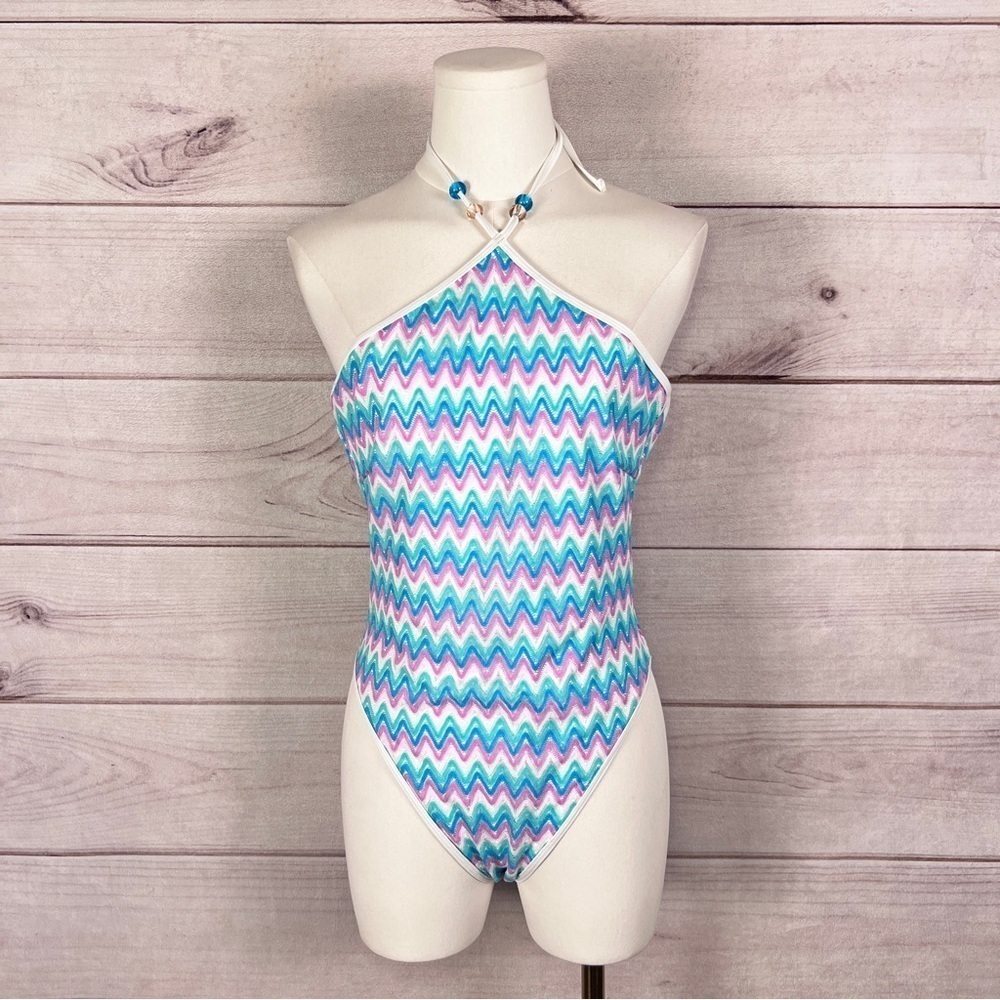 L*Space Mirabella One Piece Swimsuit Halter ZigZag Blue Purple Sz M